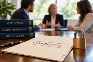 Confidential mediation in Georgia with a private meeting, legal documents, and a padlock representing privacy protections.